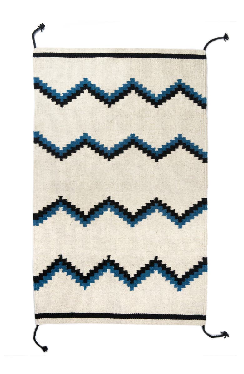 Archive New York Zapotec Blue and Black Zig Zag Handwoven Flatweave Wool Rug, Main, color, Blue