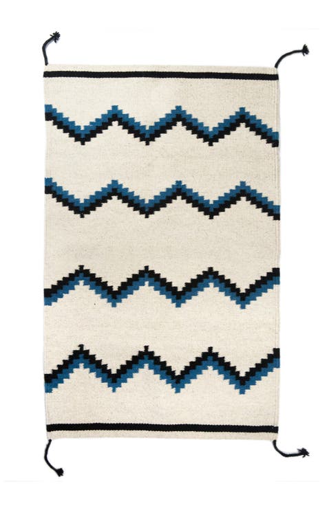 Zapotec Blue and Black Zig Zag Handwoven Flatweave Wool Rug