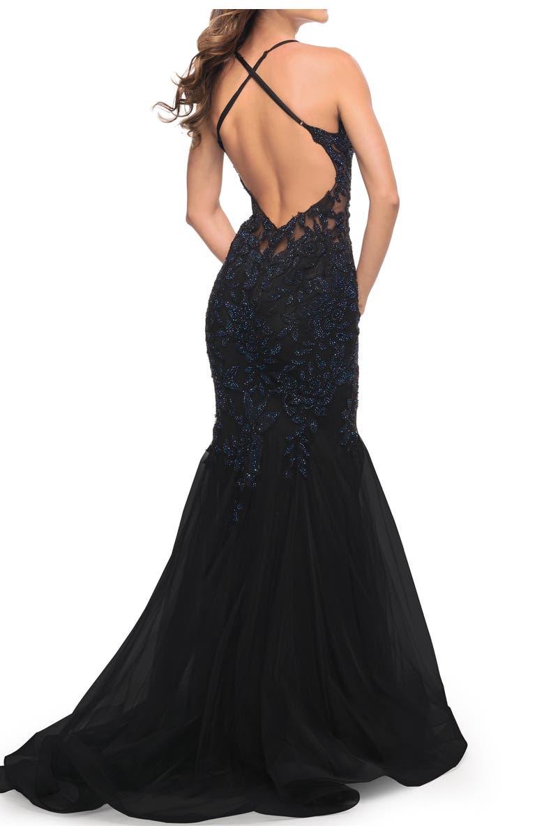 La Femme Mermaid Tulle and Lace Jeweled Prom Dress, Alternate, color, Black