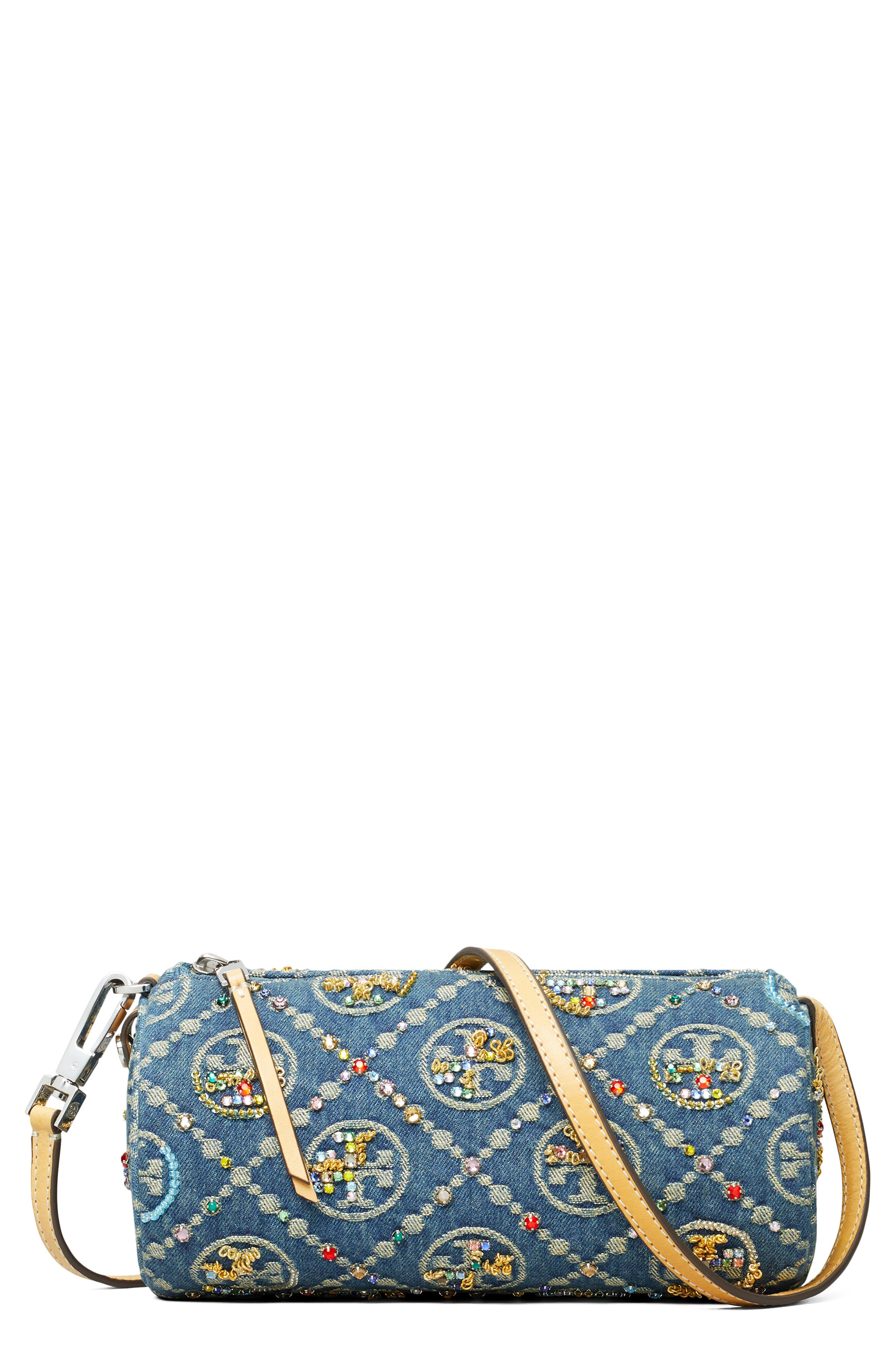 Tory Burch T Monogram Embellished Denim Cylinder Shoulder Bag, Main, color, 