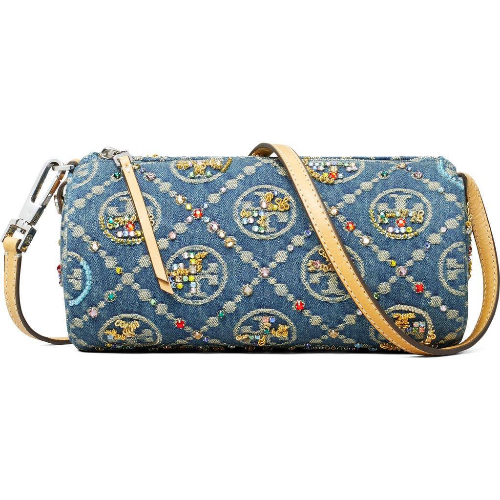 Tory Burch T Monogram Embellished Denim Cylinder Shoulder Bag