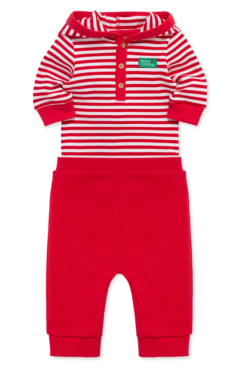 Little Me First Christmas Holiday Stripe Hooded Bodysuit & Santa Joggers Set, Alternate, color, Red