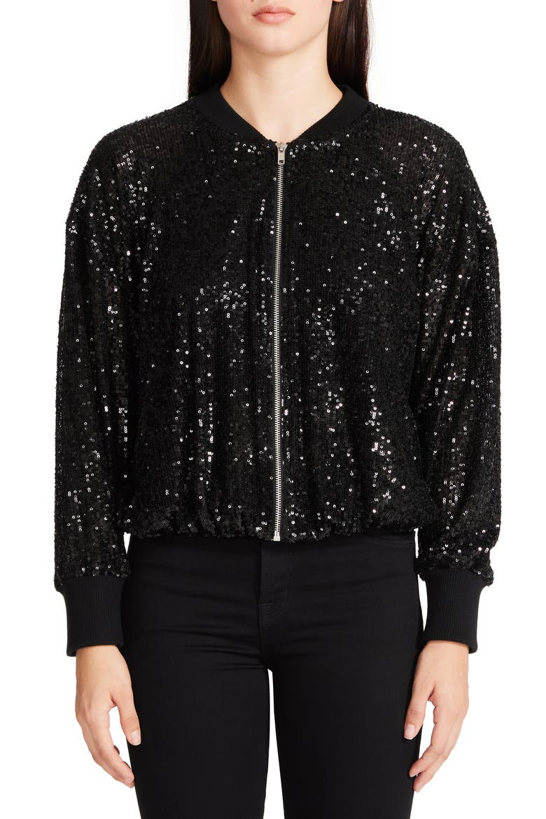 BB DAKOTA BY STEVE MADDEN Sequin Dolman Sleeve Zip Jacket, Main, color, BLACK SEQUIN