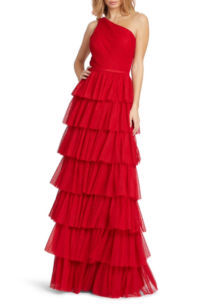 Ruffled One-Shoulder A-Line Gown, Main, color, RED