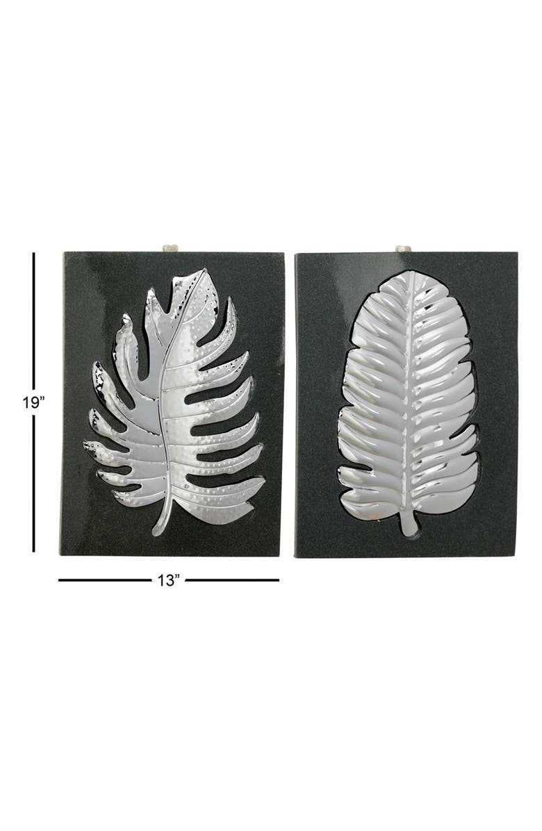 WILLOW ROW Modern Style Rectangular Metallic Silvertone Leaf Wall Decor Plaque - Set of 2, Alternate, color, Silver