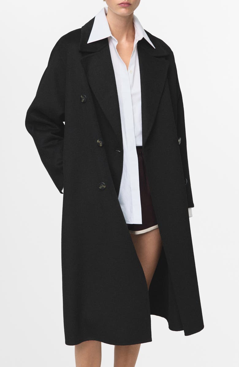 MANGO Picarol Double Breasted Wool Blend Coat, Main, color, Black