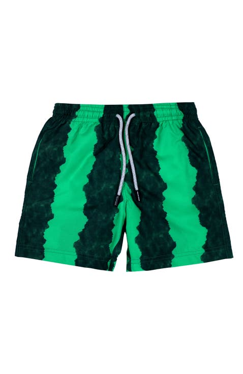 Kids' Green-Black Stripe Quick-Dry Swim Trunks