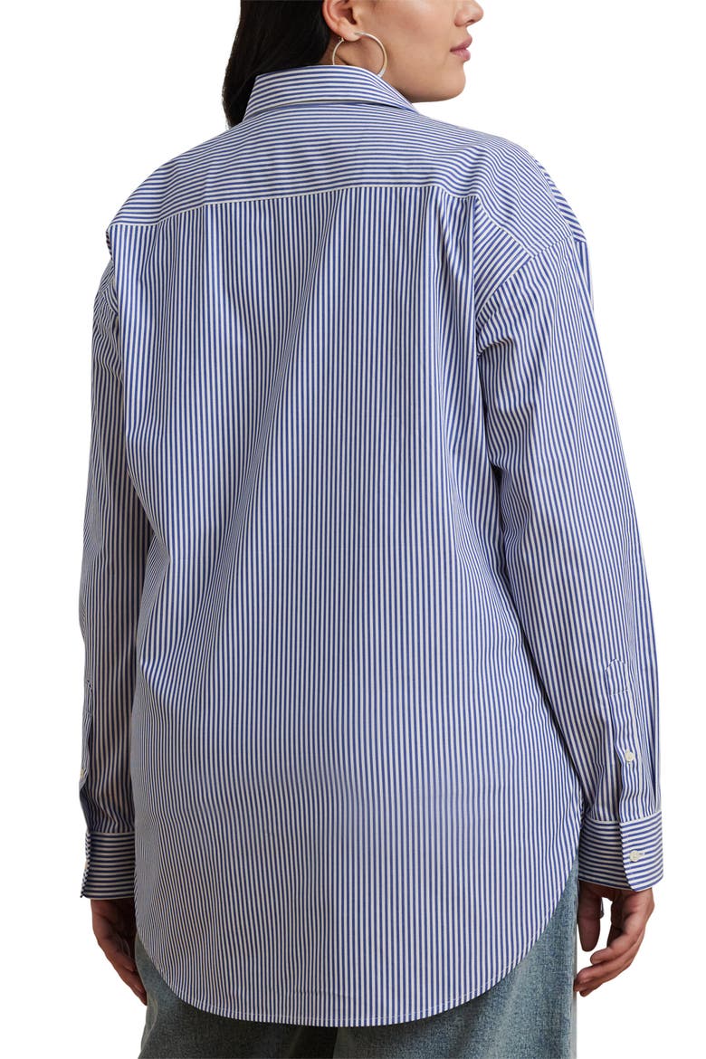 Embroidered Logo Detail Stripe Stretch Cotton Button-Up Shirt, Alternate, color, BLUE/ WHITE