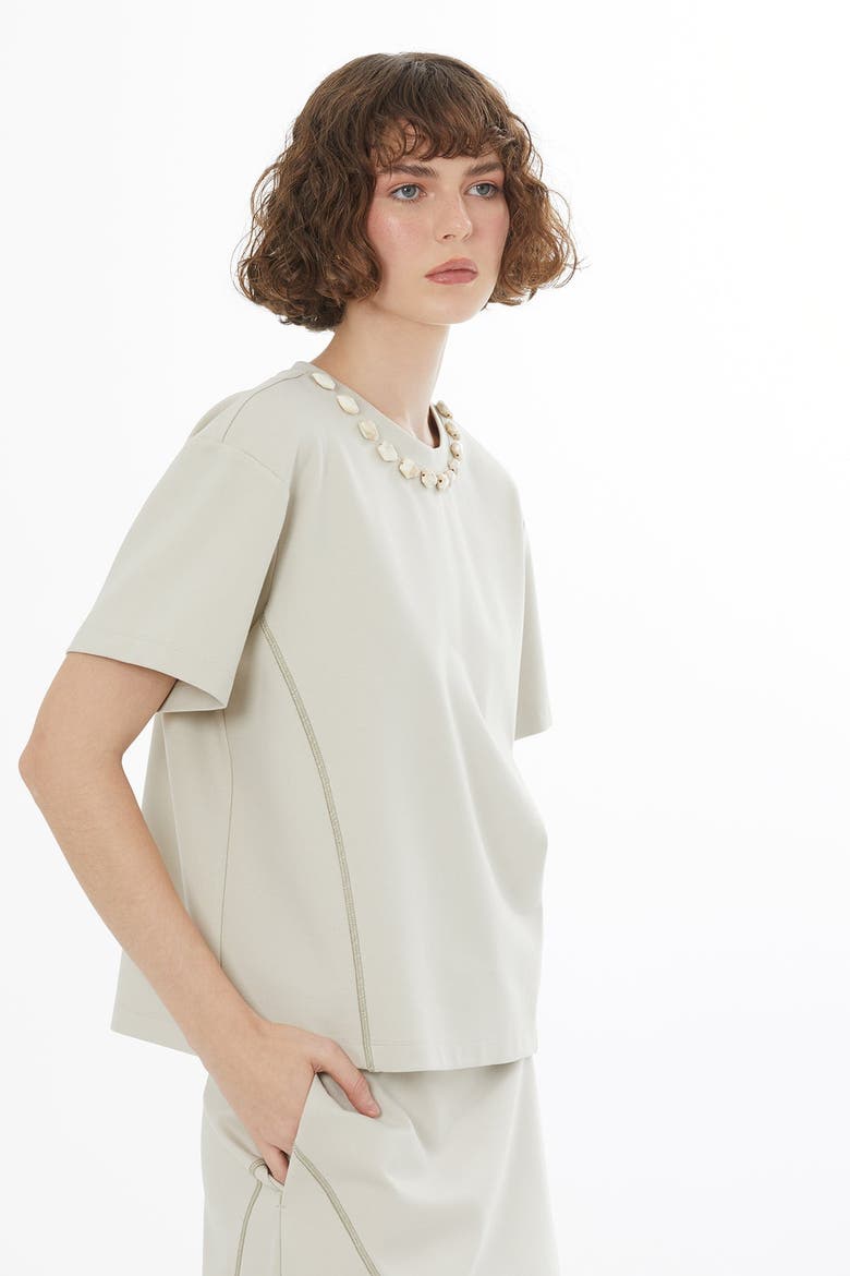 Beige Topstitched Embroidered T-Shirt, Alternate, color, Beige