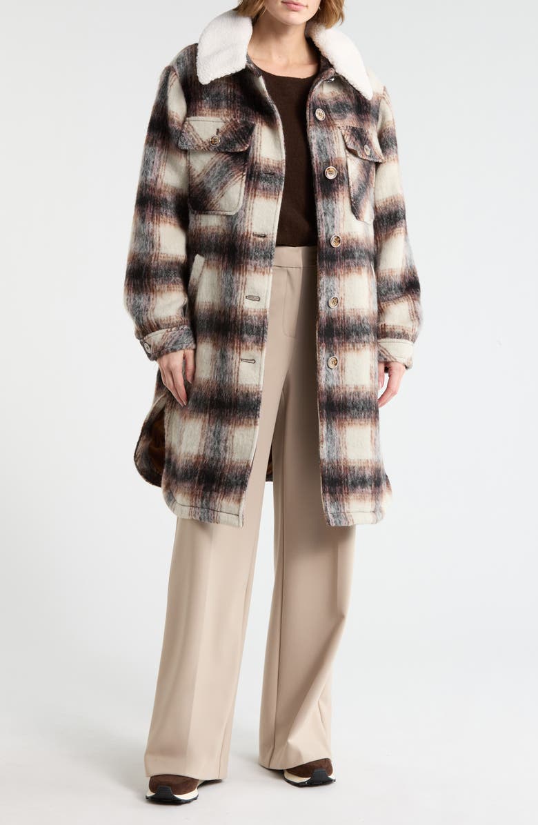 Vince Camuto Fleece Collared Longline Coat, Alternate, color, Autumn Barn Plaid