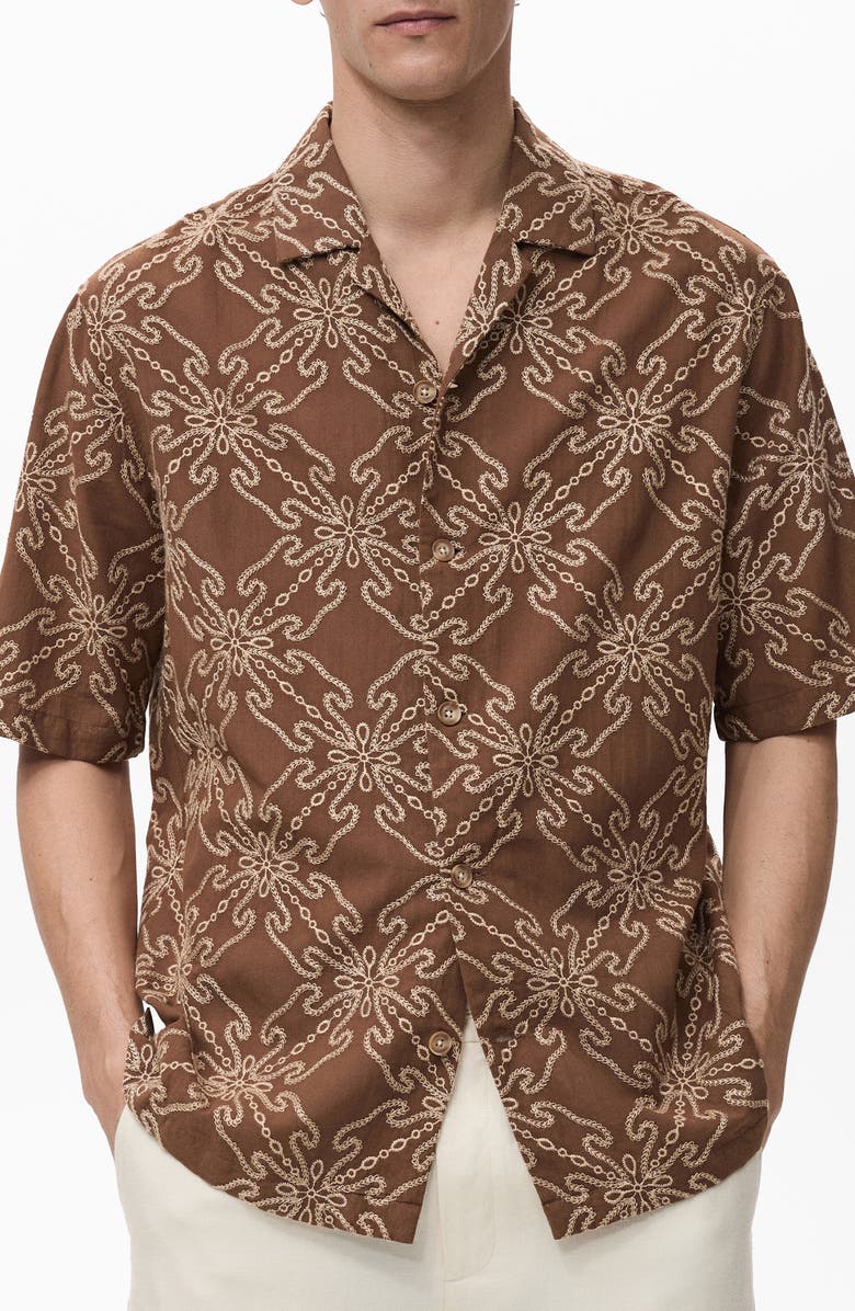 MANGO Embroidered Cotton Blend Camp Shirt, Main, color,