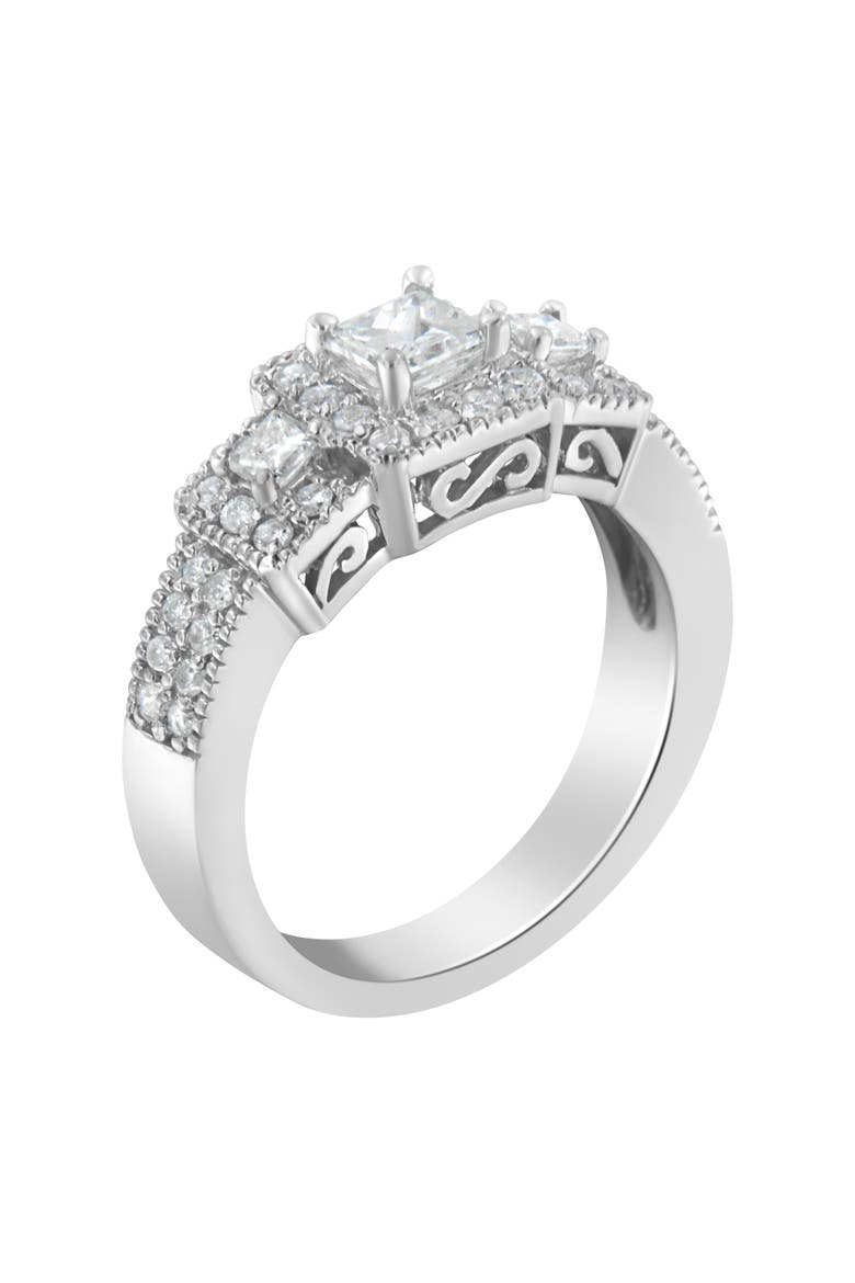 14K White Gold Round and Princess-Cut Diamond Three Stone Ring, Alternate, color, White Gold