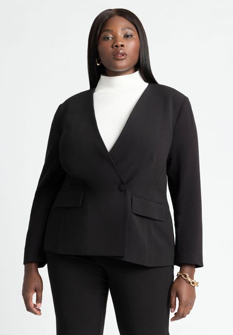 The 365 Semi Stretch Double Breast Collarless Blazer (Plus Available)