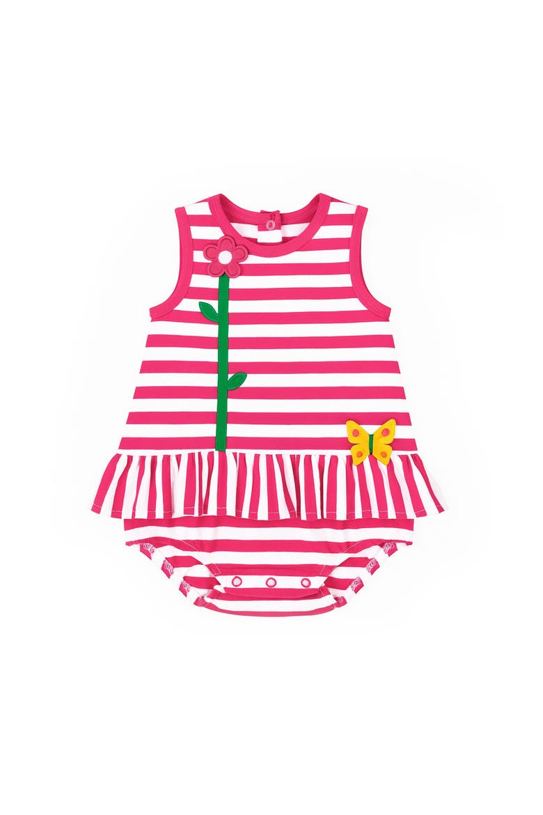 Stripe Knit Romper With Flower, Main, color, Fuchsia/White