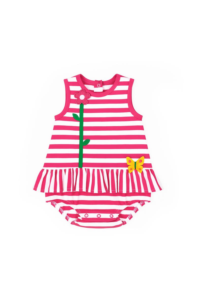 Florence Eiseman Stripe Knit Romper With Flower, Main, color, Fuchsia/White