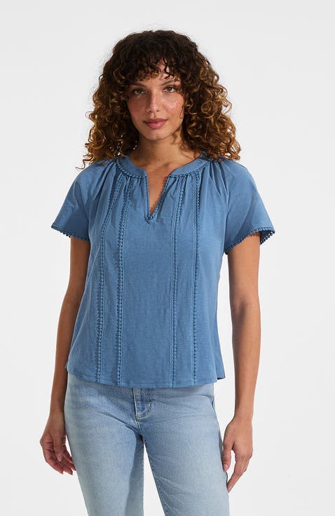 Slub Short Sleeve Notch Neck Top