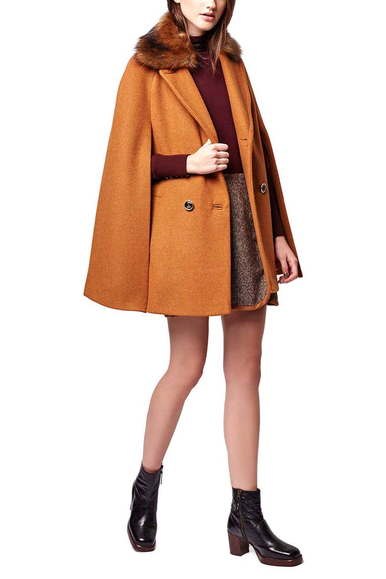 Faux Fur Double Breasted Cape, Alternate, color, BROWN MULTI