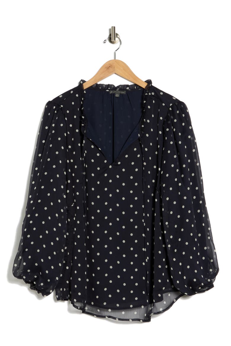 Ruffle Long Sleeve Top, Alternate, color, NAVY/ IVORY TIMELESS DOT