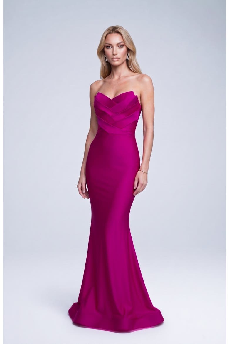 Strapless Layered Tulip Bodice Mermaid Evening Gown, Alternate, color, Magenta