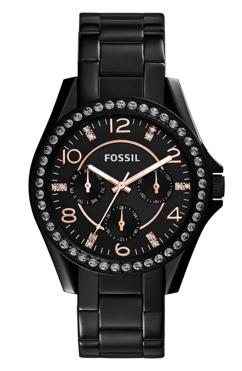 Fossil 'Riley' Round Crystal Bezel Bracelet Watch, 38mm, Main, color,