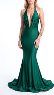 Jessica Angel Plunging Halter Open-Back Mermaid Gown With Train