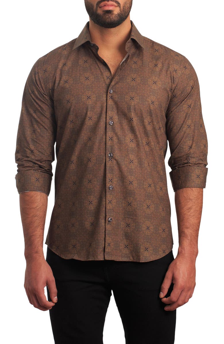 Jared Lang Trim Fit Floral Cotton Button-Up Shirt, Main, color,