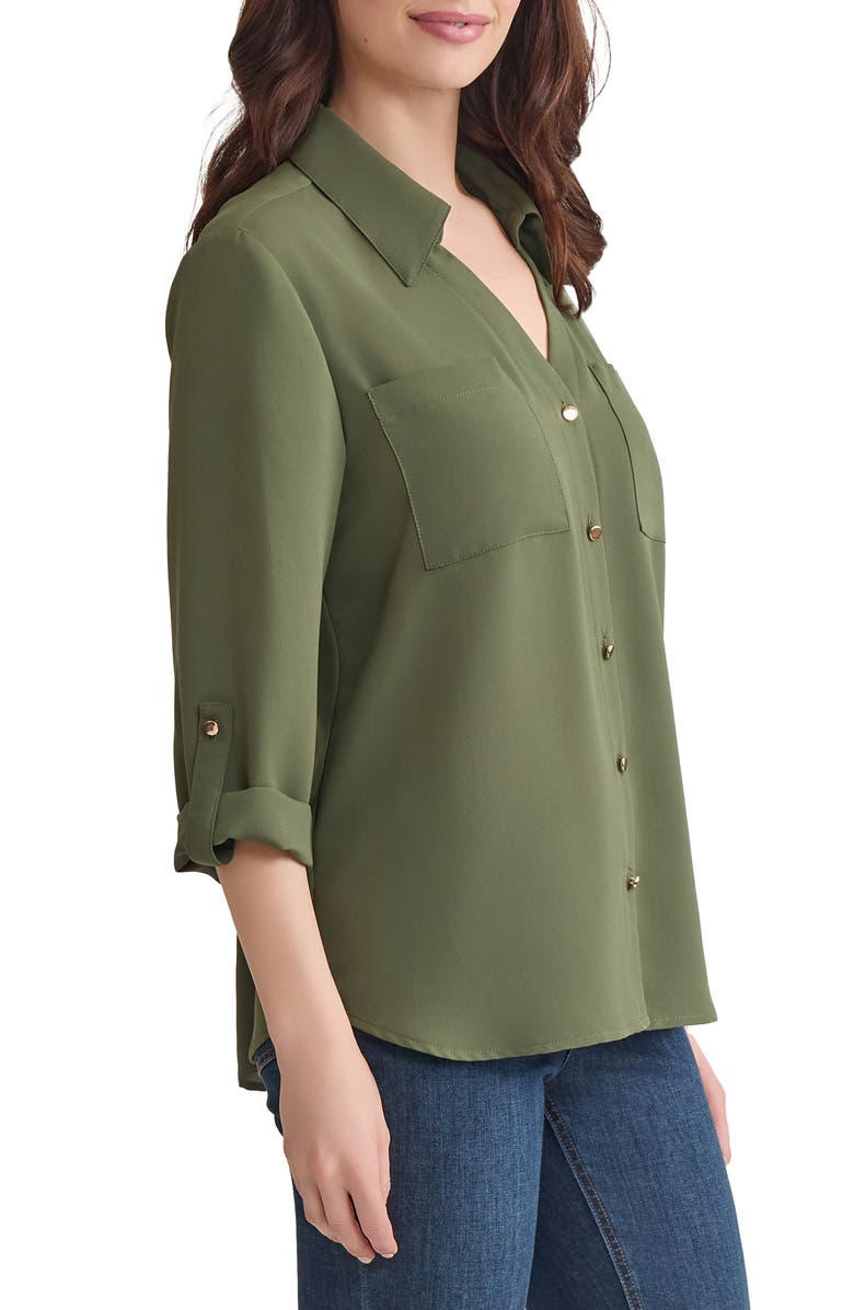 Jones New York Roll Tab Sleeve Button-Up Shirt, Alternate, color, Jasper Green