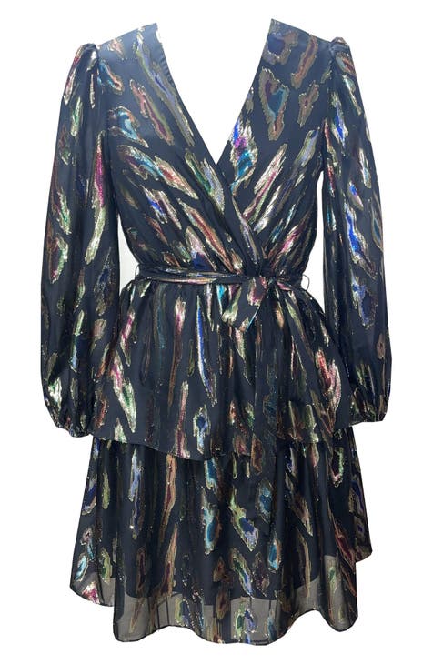 Metallic Long Sleeve Faux Wrap Minidress