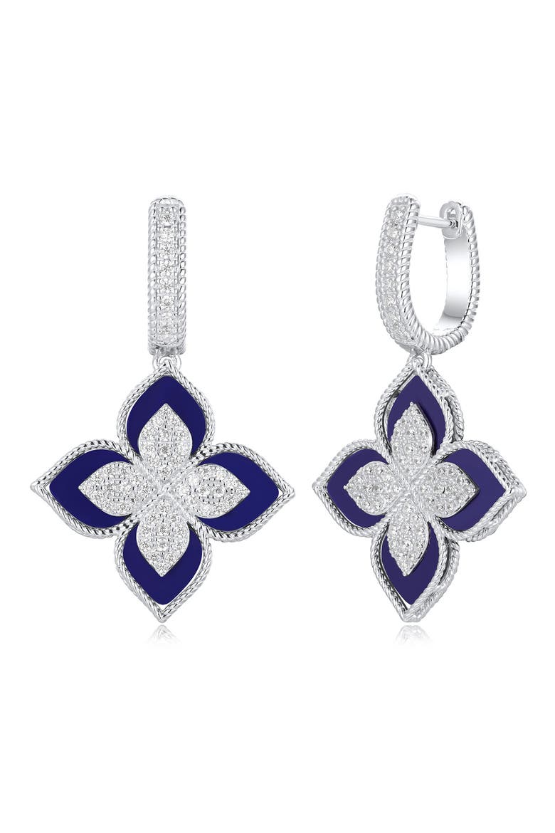 Pavé Cubic Zirconia Floral Drop Huggie Hoop Earrings, Main, color, BLUE
