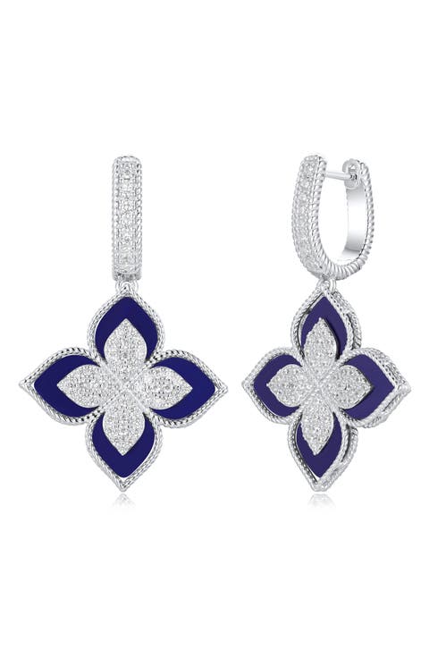 Pavé Cubic Zirconia Floral Drop Huggie Hoop Earrings