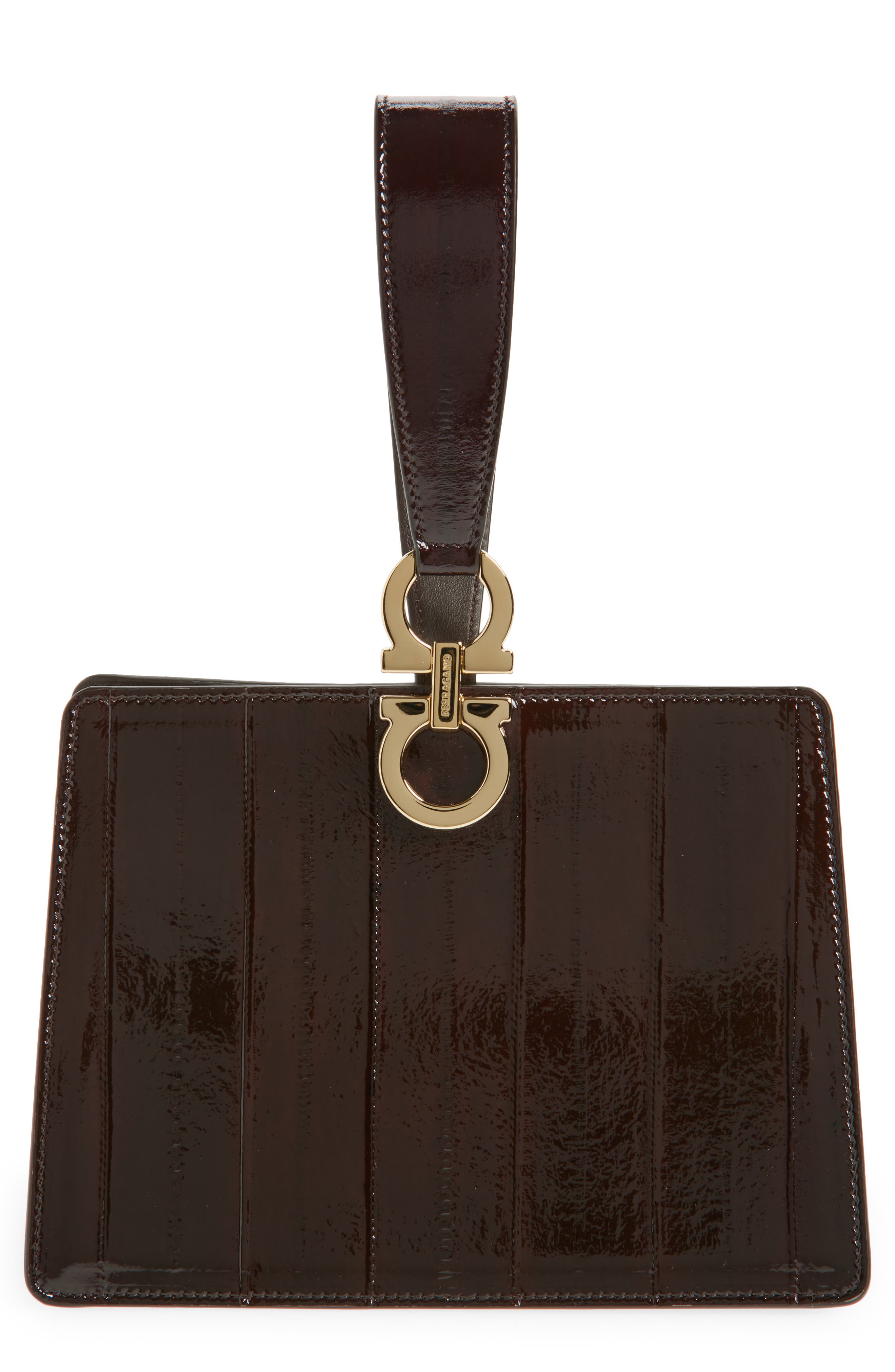 FERRAGAMO Double Gancio Eelskin Clutch, Main, color, Brown Testa Di Moro