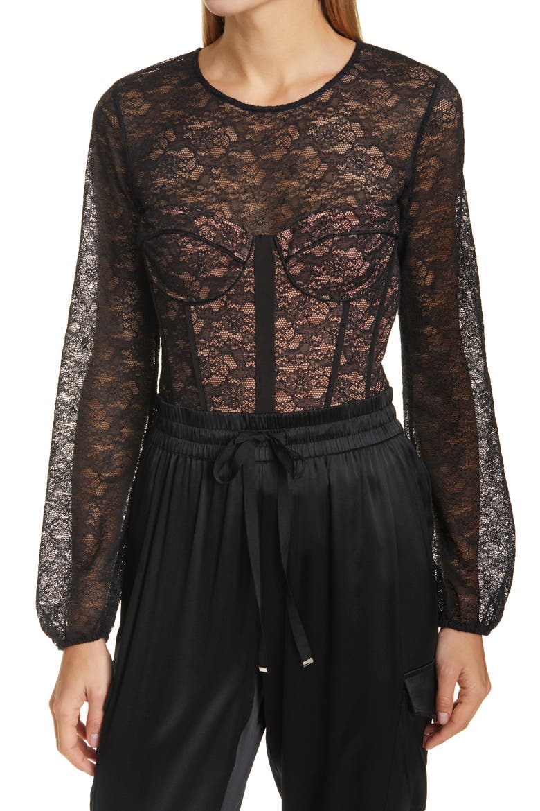 Briar Balloon Sleeve Lace Bodysuit, Main, color, BLACK
