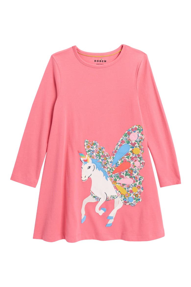Kids' Big Appliqué Long Sleeve Dress, Main, color, ROSE PINK UNICORN