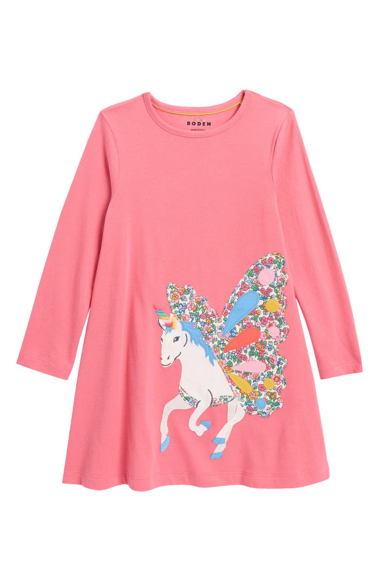 Mini Boden Kids' Big Appliqué Long Sleeve Dress, Main, color, Rose Pink Unicorn