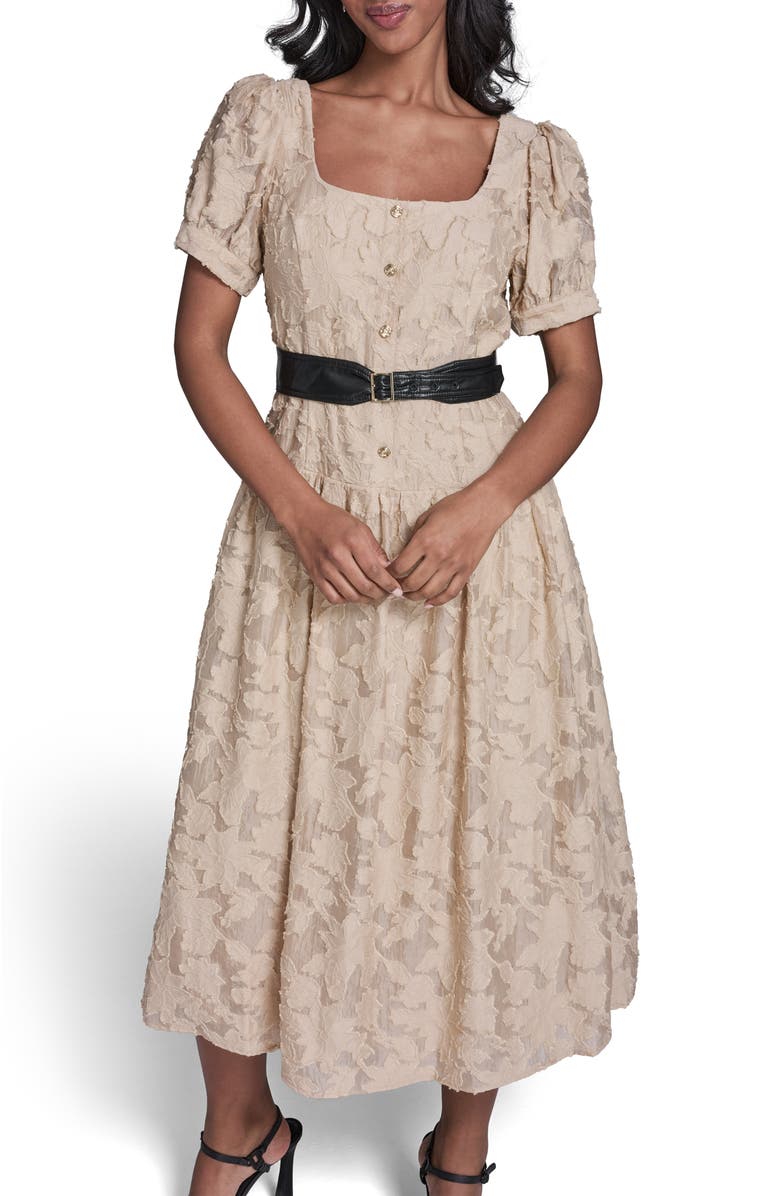 KARL LAGERFELD PARIS Belted Lace Midi Dress, Alternate, color, French Beige