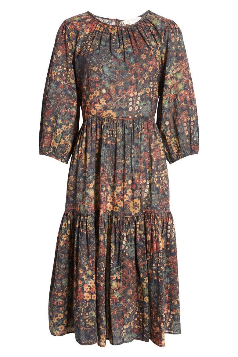 Floral Print Tiered Cotton Gauze Dress, Alternate, color, NAVY KALEIDOSCOPE GARDEN