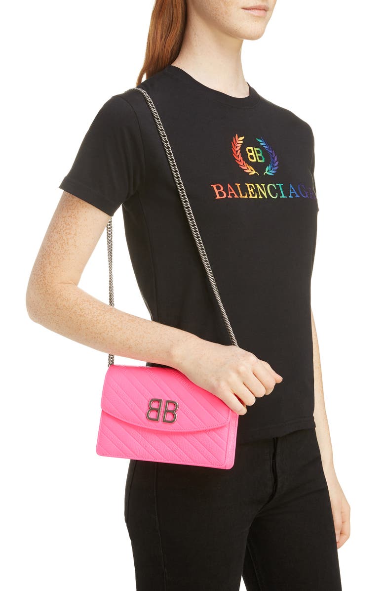 Balenciaga BB Embossed Leather Wallet on a Chain, Alternate, color,