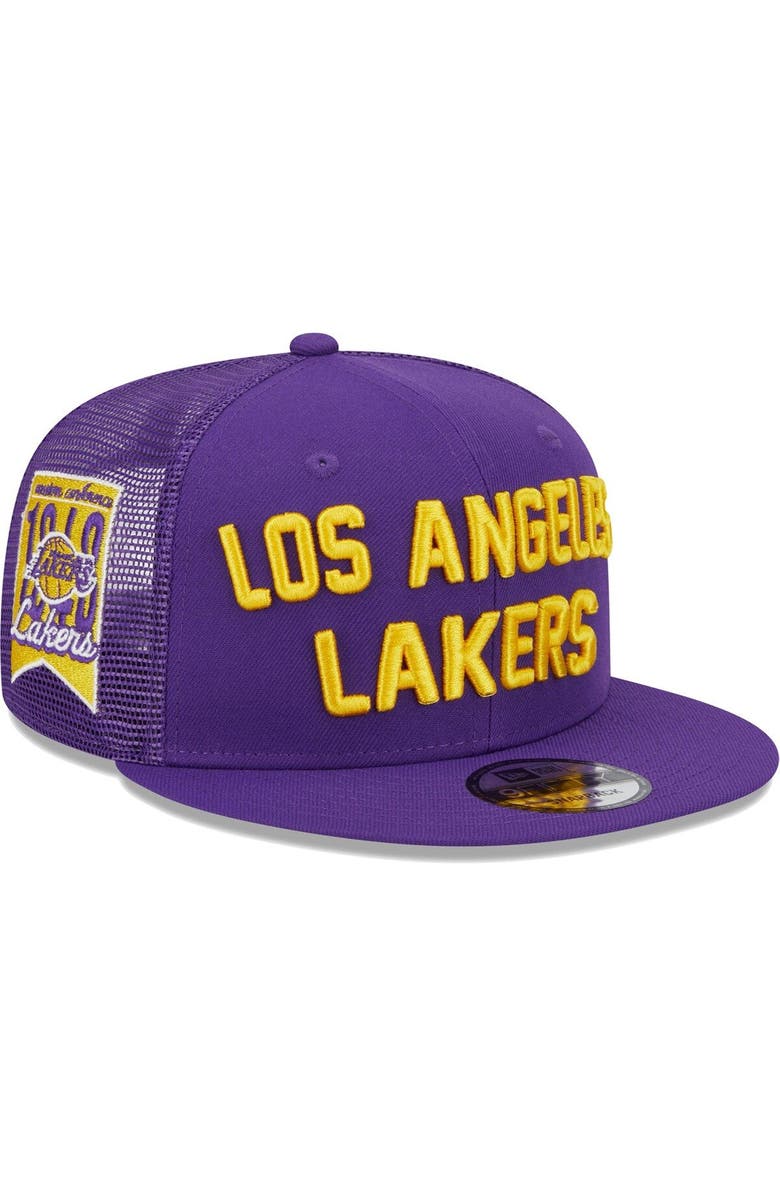 New Era Men's New Era Purple Los Angeles Lakers Stacked Script 9FIFTY Trucker Snapback Hat, Main, color,