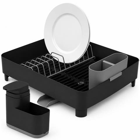 Space Saving Dish Drying Rack with Drainage Spout and 19 oz Liquid Soap Dispenser with Extended Sponge Holder Kitchen Sink Organizer Set