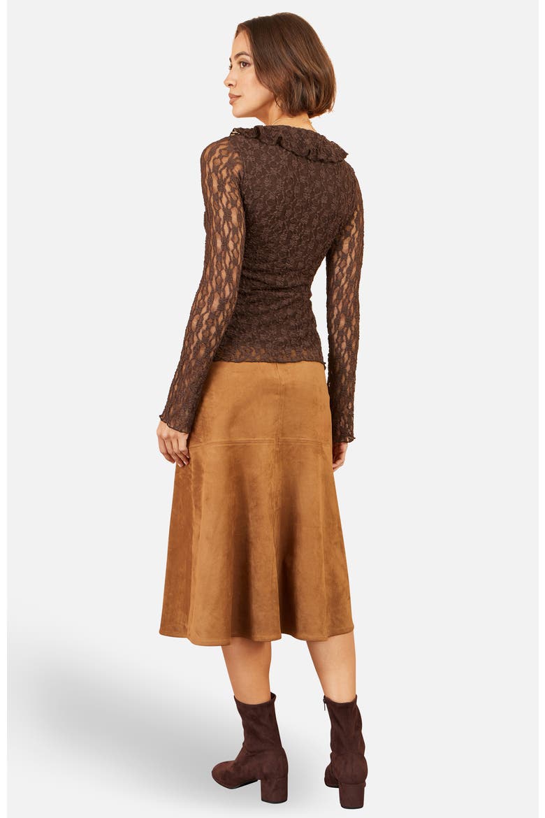 Sheer Long Sleeve Ruffle Lace Top, Alternate, color, Brown