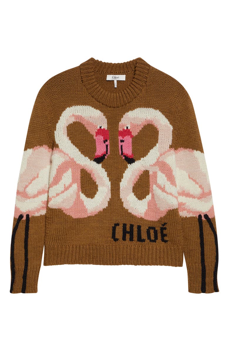 Chloé Hand Knit Flamingo Intarsia Wool Crewneck Sweater, Alternate, color, Secret Brown