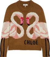 Chloé Hand Knit Flamingo Intarsia Wool Crewneck Sweater