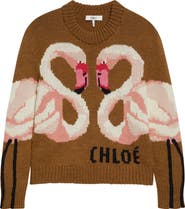 Chloé Hand Knit Flamingo Intarsia Wool Crewneck Sweater