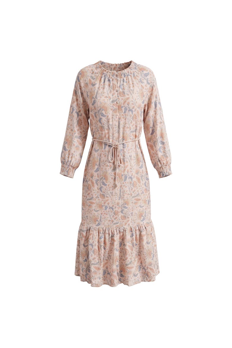 Teen Pink Floral Tiered Dress - Smocked Mock Neck, Elastic Waist with Rope Belt, Alternate, color, Pink