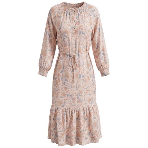 Floral Smocked Mock Neck Belted Tiered Dress