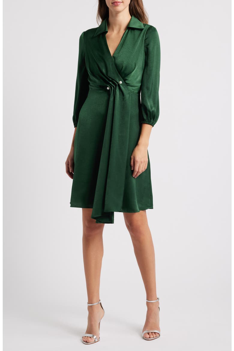 Faux Pearl Clasp Detail Satin Shirtdress, Main, color, GREEN