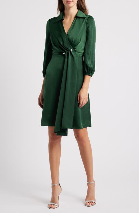 Faux Pearl Clasp Detail Satin Shirtdress