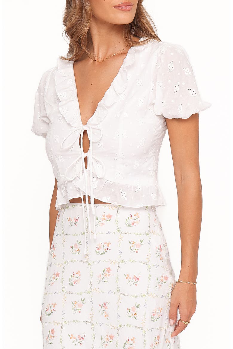 Andra Tie Front Puff Sleeve Crop Top, Alternate, color, WHITE BRODERIE