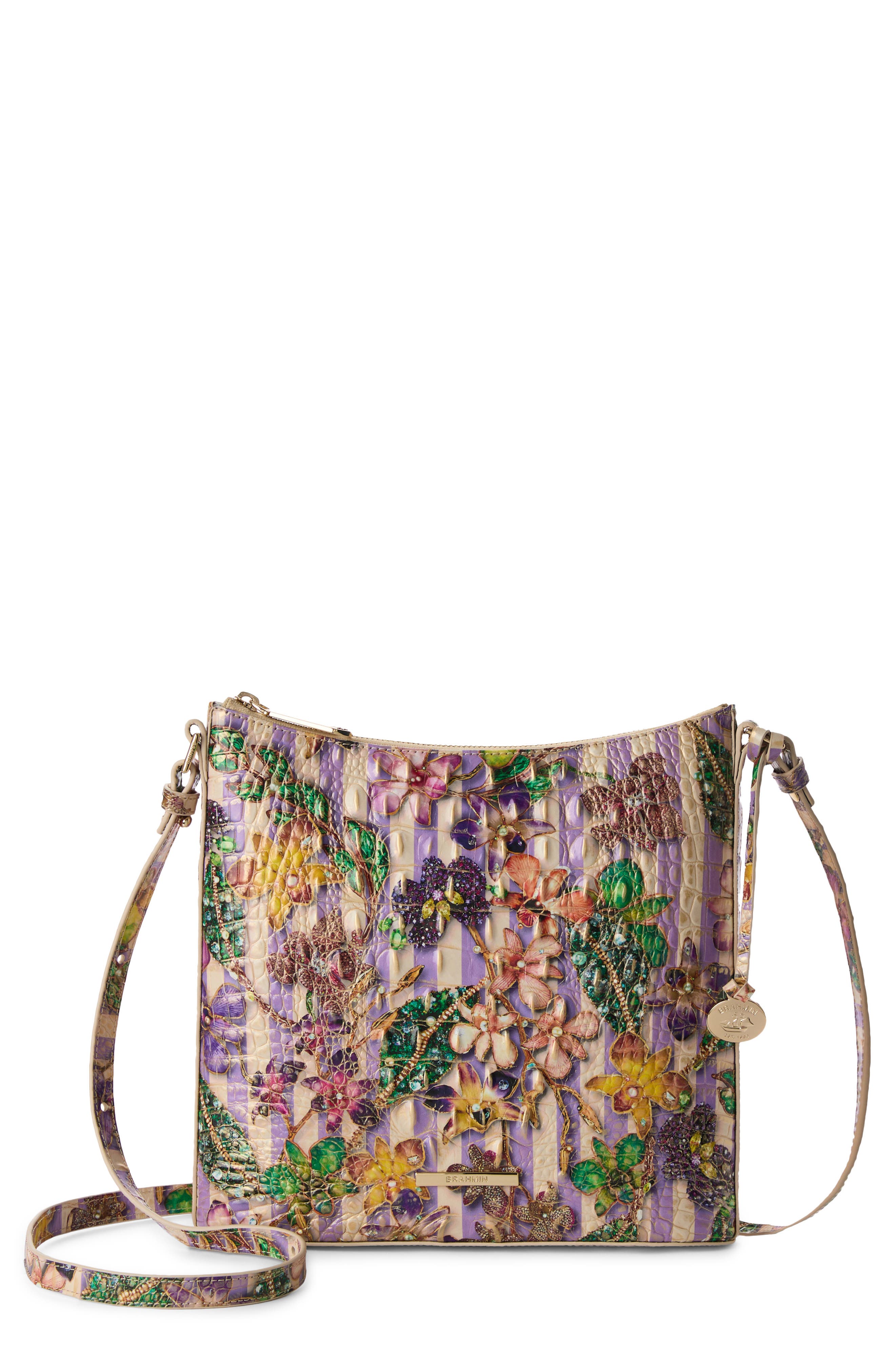 Brahmin Katie Croc Embossed Leather Crossbody Bag, Main, color, Pinstripe Petals