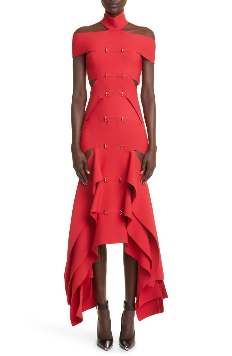McQueen Slashed Ring Detail Off the Shoulder Dress, Main, color, 